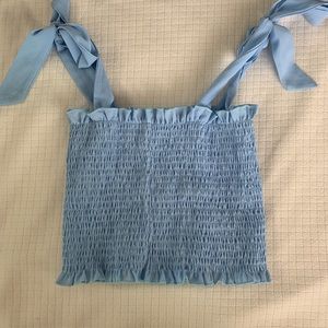 Light baby blue scrunch top with self tie ribbon straps